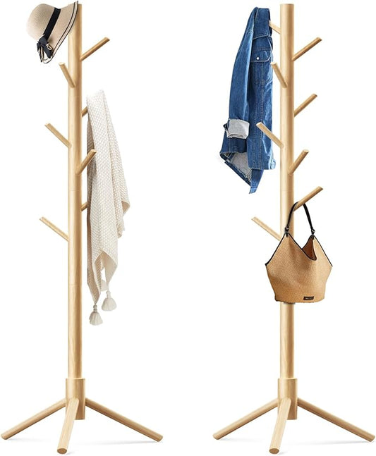 2 Pack Coat Rack, Solid Wood Coat Rack Freestanding with 8 Hooks & 3 Adjustable Heights, Simple Assembly Coat Tree for Hats, Bags, Wooden Coat Hanger Stand for Bedroom, Entryway, Office-NeatNest