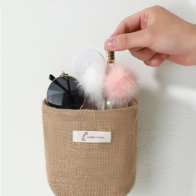 6 PCS Mini Hanging Storage Bags, Anberky Cotton Linen Small Storage Basket Wall Hanging Organizer Box Wall Mounted Storage Pocket Collapsible Decor Bin Bag with Handle for Wall Door Closet (#A)-NeatNest