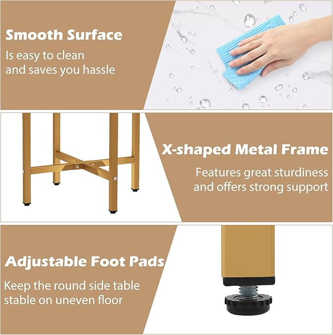 GOFALME Round End Table with Storage Set of 2, Sofa Side Table with Removable Fabric Basket, Metal Frame, Faux Marble Top, Modern, 2-Tier Bedside Table for Living Room, Bedroom, White