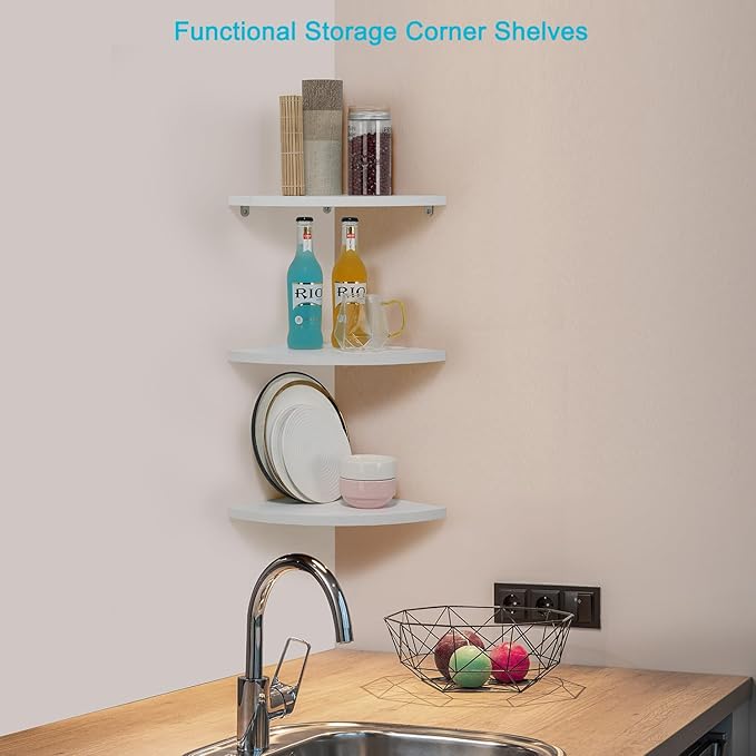 Joiishom Corner Wall Shelf Set of 3, Floating Corner Shelves for Wall, Rustic Wood Wall Storage Display Shelves for Living Room Bedroom Bathroom Kitchen (Round Edge-White)-NeatNest