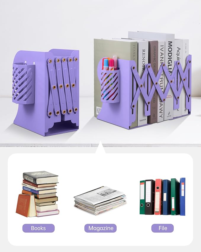 Honagu Adjustable Bookends, Metal Book Ends for Shelves Heavy Book, Desk Magazine File Organizer for Home, Office, Books, Papers, Extends up to 19 inches with Pen Holder (Purple)