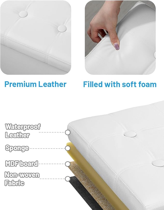AmasSmile Storage Ottoman Folding Foot Rest Stool, Leather Footstool Bench, Short Ottoman Stool, Storage Foot Rest Store, Books (White, 17" D x 13" W x 13" H)-NeatNest