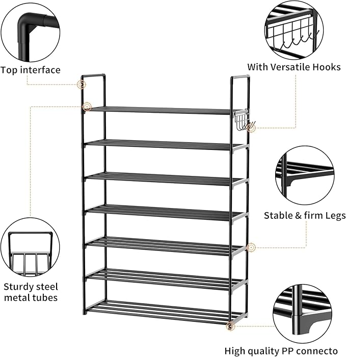 Metal Shoe Organizer,7 Tiers Shoe Storage Shoe Rack with Hooks,Fit 28-35 Pairs,Adjustable Shoe Shelf for Entryway,Hallway,Bedroom,Metal Bottom Support-NeatNest