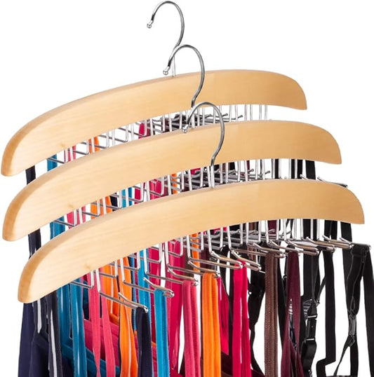 3 Pack Tank Top & Bra Hanger, Tie & Belt Hanger with Natural Wood, 24 Space Saving, 360 Rotating, Foldable Metal Hooks, Closet Organizer and Storage Rack for Tank Tops/Bras/Ties/Belts-NeatNest