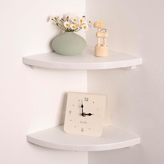 Floating Corner Shelves White 10", Solid Oak Wall Mounted Wooden Display Storage Rack with Wire Hole for Plants, Photos, Speakers, Bedroom, Kitchen, Living Room Décor - 2-Pack-NeatNest