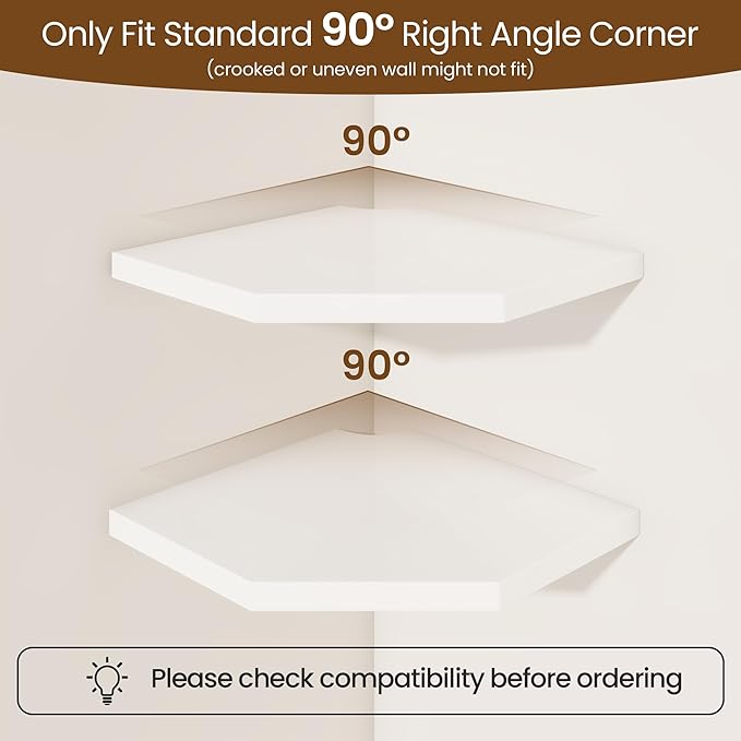 Fun Memories Corner Shelf Wall Mount, Solid Oak Wood Floating Corner Shelves with Cable Hole, 8.5in Rustic Design for Bedroom, Bathroom, Kitchen, Living Room (White, 1 Pack)-NeatNest