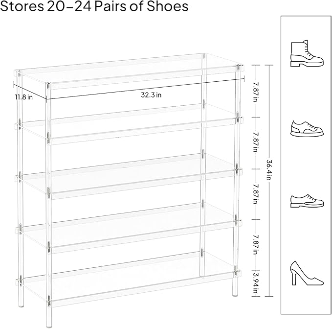 Aquiver 5 Tier Acrylic Shoe Rack - Closet Shoe Rack Shoe Organizer for Entryway, Stores 20 Pairs of Shoes, 32.3'' L x 11.8'' W x 36.4'' H