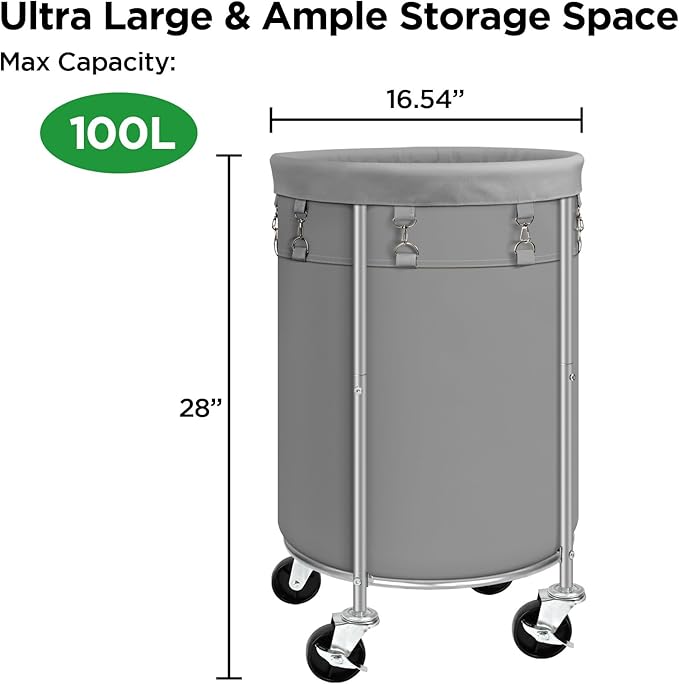 Laundry Hamper with Wheels, 100L Round Rolling Laundry Basket Sorter with Removable Bag, Clothes Cart Organizer with Steel Frame for Bedroom, Bathroom, Laundry Room, Grey