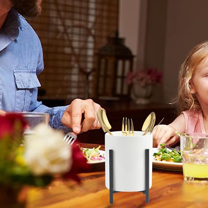 Ceramic Spoon Holder, Silverware Holder For Countertop, Sturdy Cutlery Holder, Gold Utensil Holder for Kitchen Countertop, White Ceramic Cup with Gold Metal Bracket, 1 Pcs-NeatNest