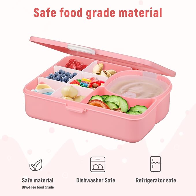 2 Pack Snackle Box Container for Kids,Adjustable Compartments,Reusable Snack Containers with Lids,Easy-Open Latch,Lunch Food Containers,Dishwasher Safe,Leak-Proof Silicone Ring (2 Pack- Pink)-NeatNest