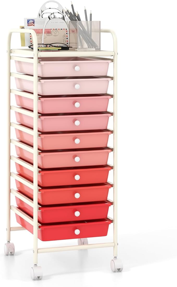 COSTWAY 10-Drawer Rolling Storage Cart, Utility Mobile Trolley with Removable Drawers & Universal Casters & 2 Brakes, Versatile Flexible Drawer Organizer Cart for Home, Office, Mixed Pink-NeatNest