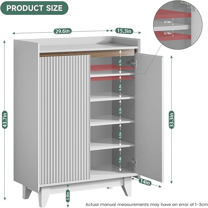 White Shoe Cabinet for Entryway, 5-Tier Shoe Storage Cabinet with Doors and Shelves, 43.7" Tall Fluted Shoe Storage Organizer Cabinet, Wooden Shoe Rack Organizer for Hallway Closet-NeatNest