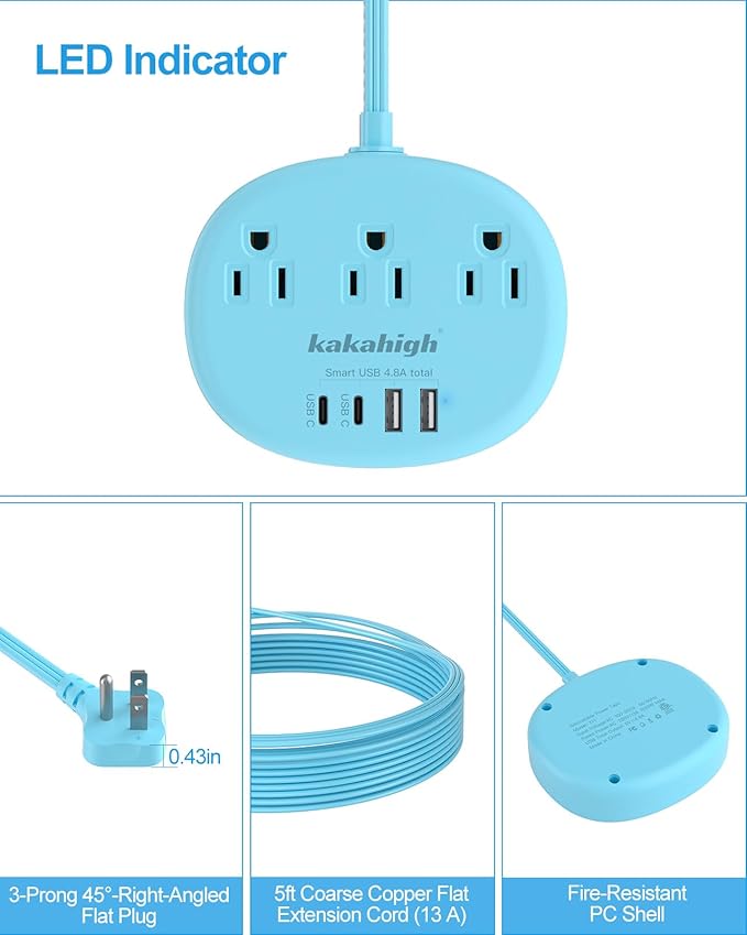 Blue Extension Cord with Surge Protected 1080J - 5 FT Flat Extension Cord, 1625W Cute Extension Cord with 3 AC Outlet 4 USB (24W/4.8A), Compact for Cute Blue Kawaii Desk Accessories-NeatNest