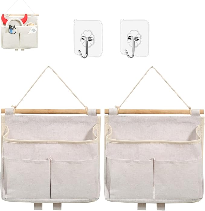 2Pcs Wall Hanging Storage Caddy Bag,Over Door Hanging Storage Bags Wall Mount Hangable Organizer，File Magazine Waterproof Linen Cotton Fabric Living Room Bedroom Bathroom (White)…-NeatNest