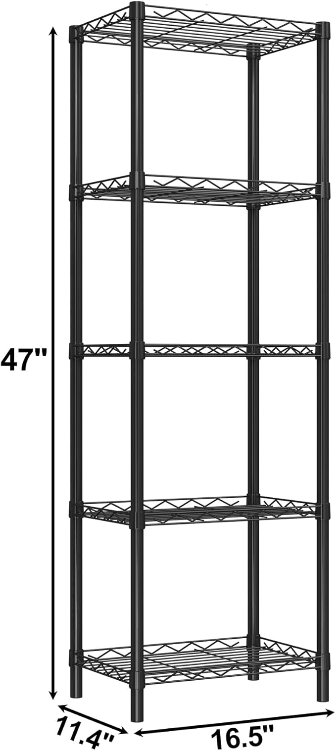 HOMEFORT 5-Tier Wire Shelving 5 Shelves Unit Metal Storage Rack Durable Organizer Perfect for Pantry Closet Kitchen Laundry Organization in Black, 16.5" W x 11.4" D x 47" H