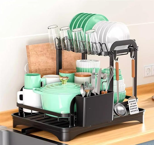 Household Kitchen Countertop Dish Rack - Adjustable Utensil Drying Rack & Plate Bowl Organizer with Drainer Tray - Space-Saving Storage for Dishes, Cups, Chopsticks