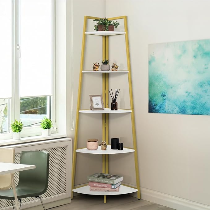CAPHAUS Tall Corner Shelf Stand, 5-Tier Display Shelves, Ladder Corner Wood Storage Plant Bookshelf with Metal Frame, Versatile Shelving Unit Bookcase for Home Office Space, Gold-NeatNest