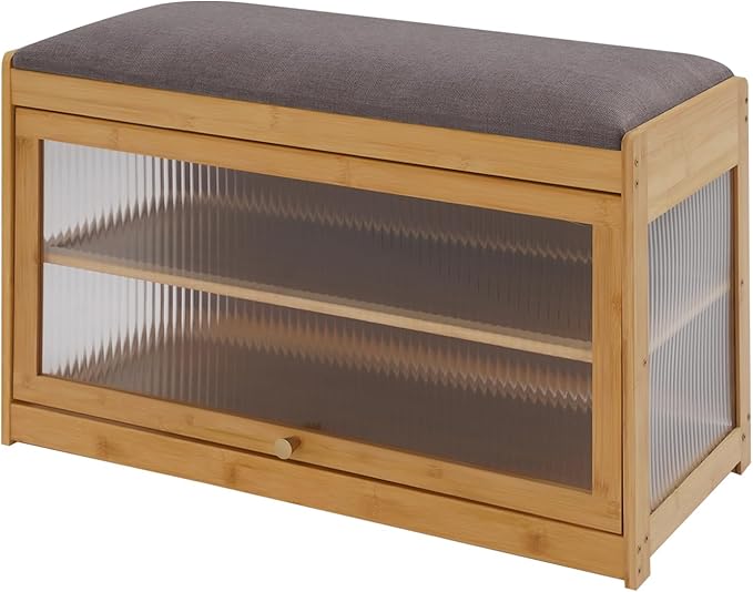 Eapmic Shoe Storage Bench, Entryway Shoe Rack Bench with Padded Seat Cushion, 2-Tier Shoe Cabinet, Bamboo Shoe Organizer for Hallway Bedroom Living Room Front Door (Burlywood, 27.56 * 12.6 * 16.53in)