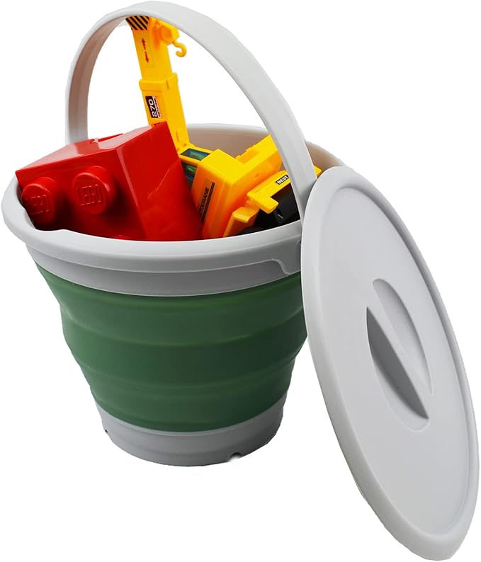 SAMMART 5.5L (1.4 Gallon) Collapsible Plastic Bucket with Lid - Foldable Round Tub with Lid - Portable Fishing Water Pail - Space Saving Outdoor Waterpot. (Grey/Dark Sea Green, 1)