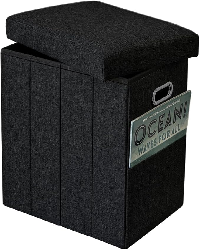Tall Ottoman with Storage Collapsible Fabric Small Slim Folding Ottoman Furniture with Handles Lid for Room Footrest Foot Stool Linen Black 16.5x16.5x11.8in