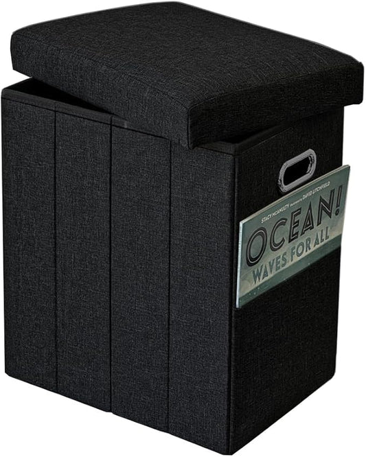 Tall Ottoman with Storage Collapsible Fabric Small Slim Folding Ottoman Furniture with Handles Lid for Room Footrest Foot Stool Linen Black 16.5x16.5x11.8in