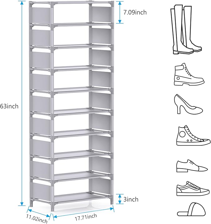 sunvito 10 Tiers Shoe Rack, Tall Vertical Shoe Rack, Sturdy Stackable Shoe Shelf, Shoe Stand Holds 20-25 Pairs Shoes, for Closets, Entryway, Cabinet, Garages, Dormitory, Hallway-NeatNest