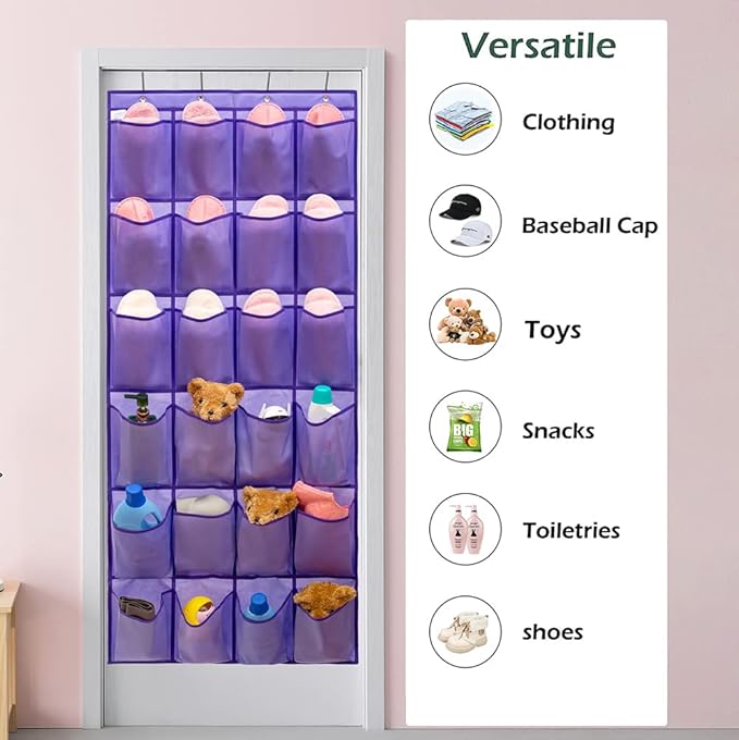 Over The Door Hanging Shoe Organizer Shoe Rack Hanger 24 Large Fabric Pockets Holder with 4 Sturdy Hooks (PURPLE)-NeatNest