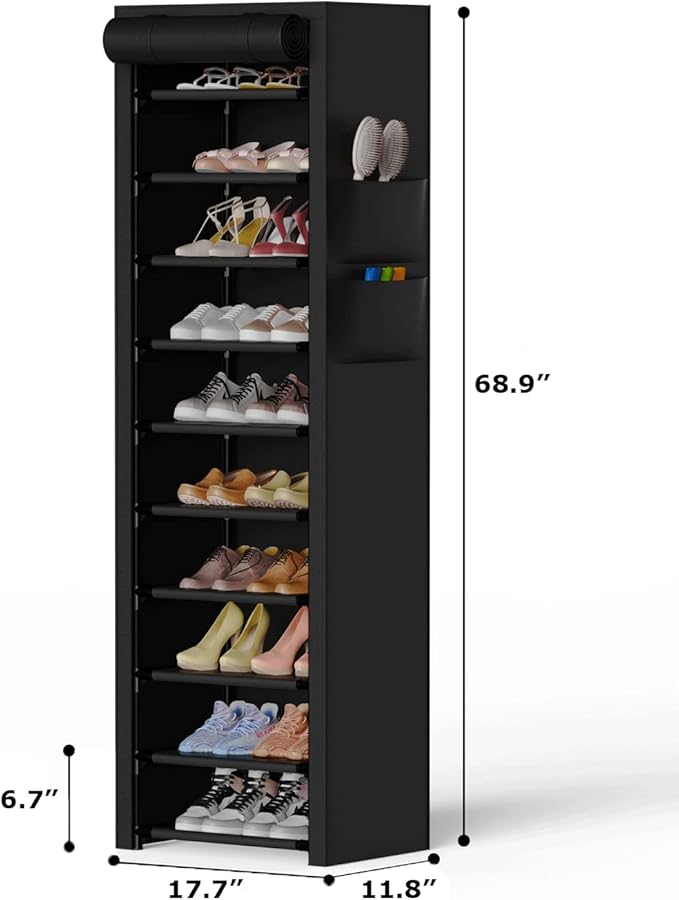 VTRIN Vertical Narrow Shoe Rack Organizer Tall Shoe Rack for Closet Entryway 10 Tier Non-Woven Cover Shoe Shelf Holds 20-22 Pairs Free Standing Shoe Storage Cabinet with Dustproof Cover, Black-NeatNest