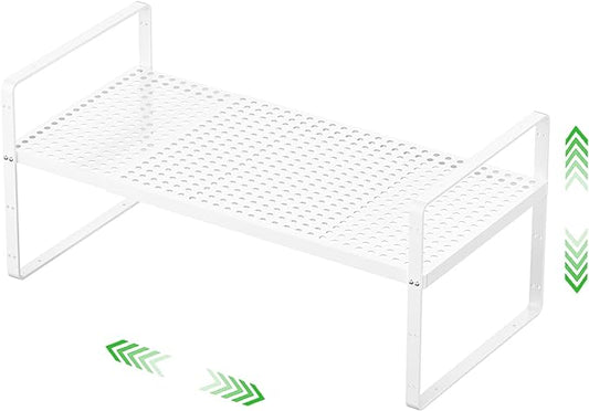 Expandable Cabinet Storage Shelf Stackable Organizer Rack for Kitchen Bathroom Pantry Spice Cupboard Coffee Countertop Home Office Desk Heavy Duty Nonslip White Large 1 Pack-NeatNest