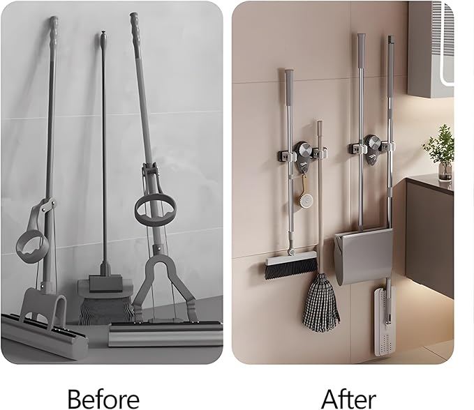 Atlodas Broom Holder Mop Hanger, No Punching Required Broom Hanger Organizer for Bathroom, Kitchen, Office，Utility Room，Laundry Room,Home Garden, Garage Storage and Organization Rack (2 pcs)