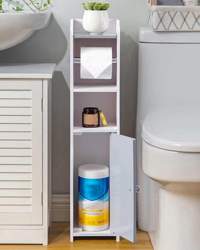 AOJEZOR Toilet Paper Holder Stand: Small Bathroom Storage Cabinet - Light Grey - White-NeatNest