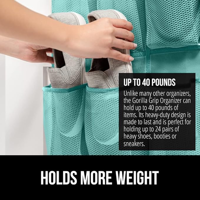 GORILLA GRIP Over the Door Shoe Organizer, 24 Large Breathable Mesh Pockets, Space Saving Hanging Storage Holder, Closet Rack Hanger Holds Up to 40 lbs, Hangs on Closets, Shoes, Accessories, Turquoise-NeatNest