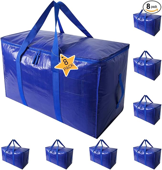 Extra Large Moving Bags Heavy Duty Totes for Storage Packing, Space Saving, Traveling, with Zippers & Strong Carrying Handles (Set of 8)
