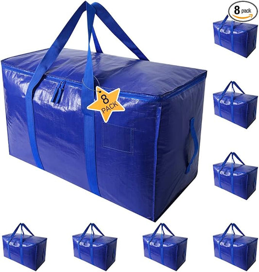 Extra Large Moving Bags Heavy Duty Totes for Storage Packing, Space Saving, Traveling, with Zippers & Strong Carrying Handles (Set of 8)