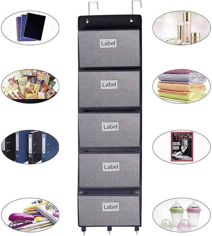 homyfort Over the Door File Organizer, Wall Hanging File Folders with 5 Large Pocket for Mails, Magazines, Back to School Supplies,Office Chart Storage, Paper Organization (Grey)-NeatNest