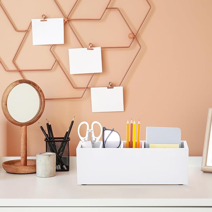 Jetec Wooden Pencil Holder 5 Compartments for Desk Adjustable Pen Holder Wood Office Desk Organizers and Accessories Makeup Brush Organizer for Pen, Home, Office and Art Supplies (White)-NeatNest