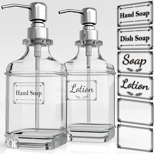 GLADPURE Soap Dispenser - 2 Pack, 18 Oz Antique Design Thick Glass Hand Soap Dispensers; with 304 Rust Proof Stainless Steel Pump, 6Pcs Clear Stickers, for Kitchen, Bathroom - Silver-NeatNest