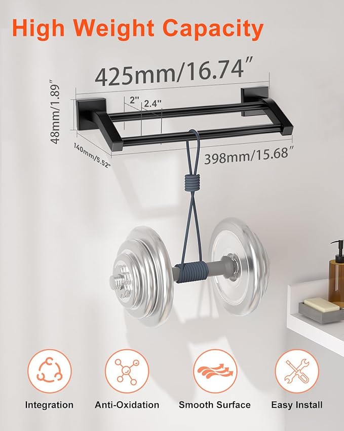 Alise Double Bath Towel Bars Towel Racks for Bathroom,Wall Mount Towel Holder Heavy Duty 16-Inch Towel Hanger Rail,GK9400-B SUS304 Stainless Steel Matte Black
