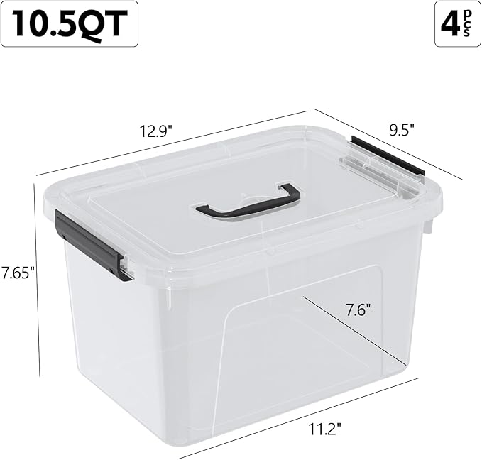 4 Pack 10.5 Quart Latching Storage Bin with Handle, Clear Latch Box