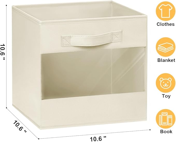 DIMJ Cube Organizer Bins, Transparent Storage Cubes, 11 Inch Cube Storage Bins, Storage Bins with Handles, Closet Bins for Bedroom, Living Room, Baby's Room, Dormitory (8 Pack, Beige)-NeatNest