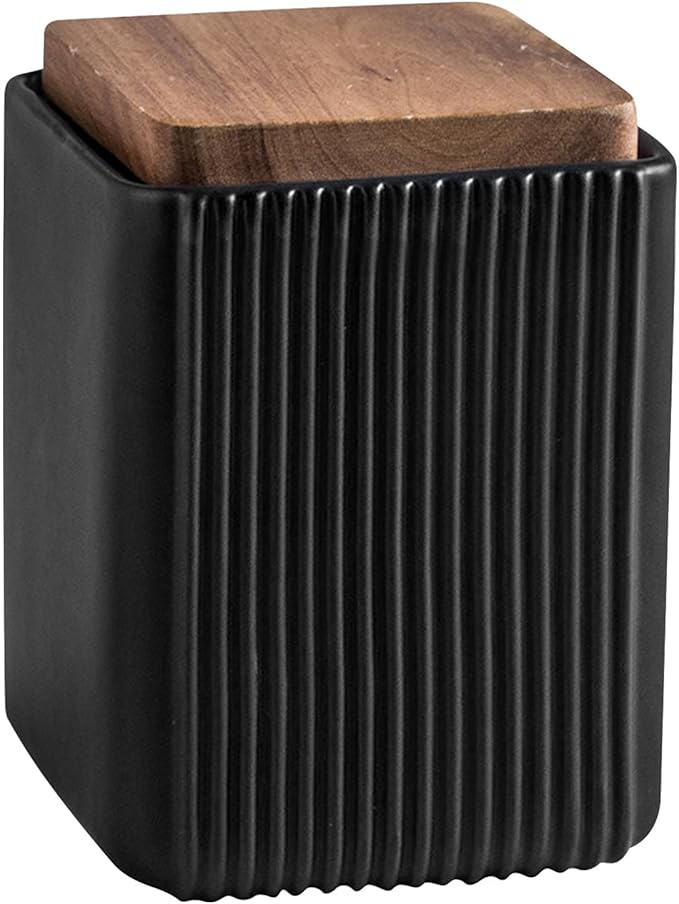 Ceramic Storage Jars Modern Elegant Polished Airtight Gorgeous Storage Canisters with Wooden Lid Small Food Stroage Jar for Kitchen Spice Tea Vanilla Sugar Coffee Beans (Black,Small size,13cm*10cm)-NeatNest