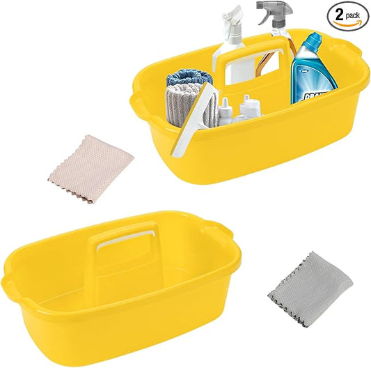 Cleaning Supplies Caddy Organizer with Handle Plastic Tool Storage Basket for Bathroom, Kitchen, Under Sink,2 Pack with 2Pack Microfiber Cleaning Cloths, Yellow