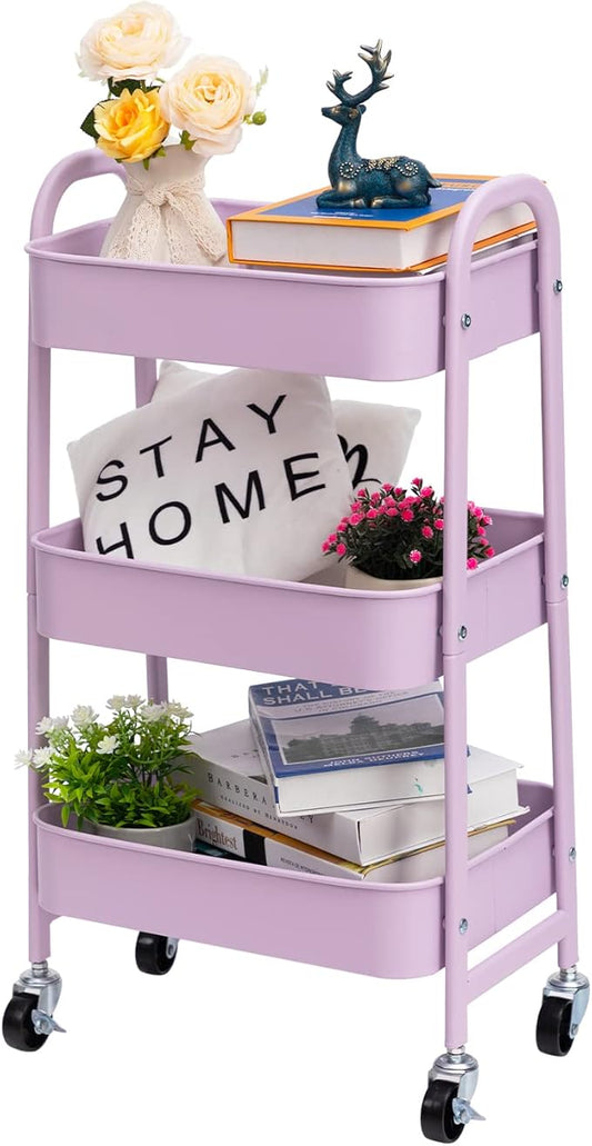 AGTEK Makeup Cart, Movable Rolling Organizer Cart, 3 Tier Metal Utility Cart with Lockable Wheels for Home & Office, Purple-NeatNest