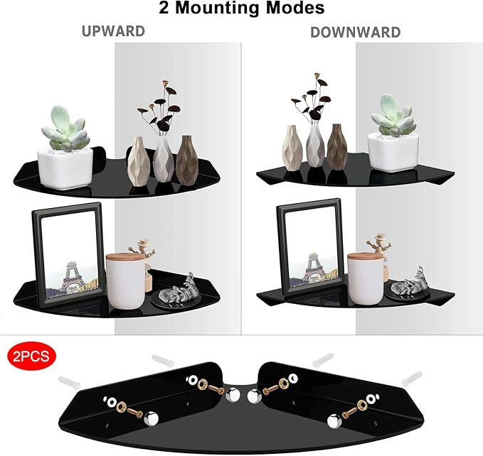Cosmos 2 Pcs Acrylic Wall Mount Floating Corner Shelves Quarter Round Shower Shelf Hanging Corner Shelves Wall Storage Display Organizer for Bathroom Kitchen Bedroom Living Room (Solid Black)-NeatNest