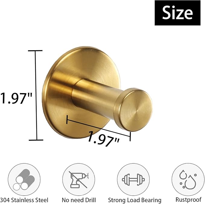 Bath Towel Hooks, 4 Pack Self Adhesive Coat Hooks, Sturdy No Drilling Robe Hook, SUS 304 Stainless Steel Heavy Duty Clothes Hanger, Wall Hooks for Bathroom Bedroom Kitchen (2 in, ‎Gold)