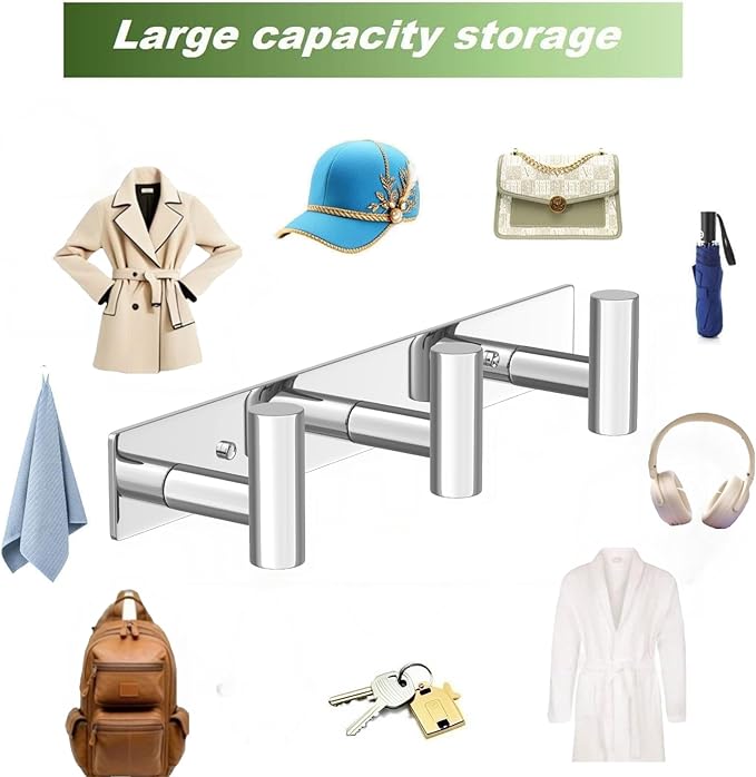 Wall Mounted Coat Rack-3 Hooks, Heavy Duty Stainless Steel Hook Rail for Towel Coat Hat Purse Bag Jacket, Towel Hooks for Entryway Bathroom Kitchen (Glossy 3 Hooks - 1 Pack)-NeatNest