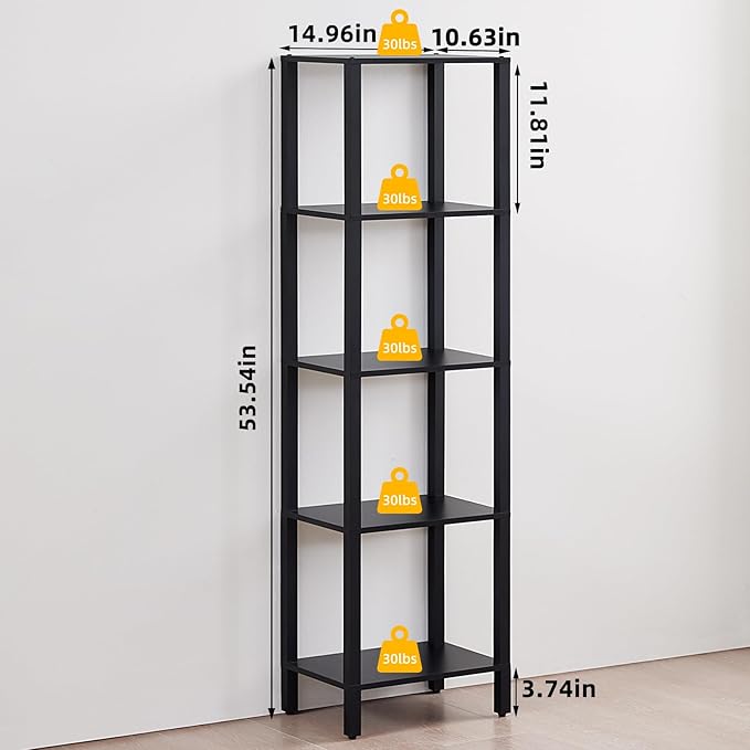 54in Tall Bookshelf 5-Tier Small Narrow Bookcase, Skinny Book Shelf for Small Space, Farmhouse Slim Shelf with Storage, Wood Freestanding Display Thin Bookshelves for Living Room, Office, Black