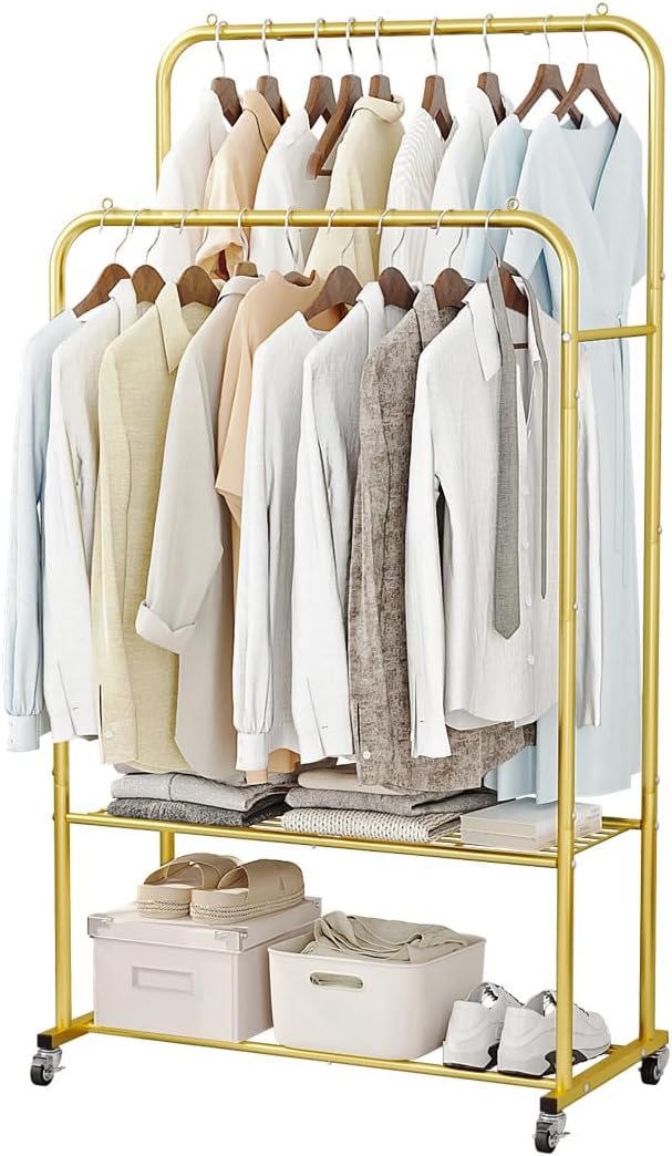 Clothes Rack with Wheels Garment Rack for Hanging Heavy-Duty Clothing Rack Metal Rolling Clothes Shelves for Bedroom, Closet (Golden)-NeatNest