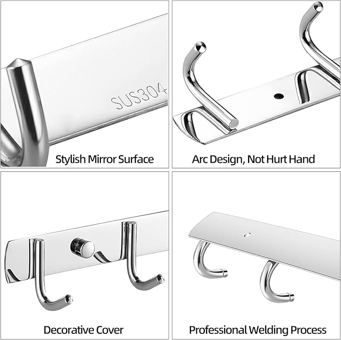 2 Pack 5 Single-Hook Wall Coat Rack - Thickened 304 Stainless Steel Coat Rack Wall Mount, Brushed Nickel Coat Racks for Wall, Silver Wall Mount Hooks for Living Room, Kitchen, Bathroom, Silver