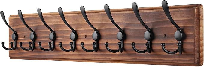Coat Rack Wall Mount, Wooden Heavy Duty Coat Rack for Wall,8 Triple Coat Hanger Hooks for Hanging Coats,Jacket,Hat,Clothes (Brown, 8 Hooks)-NeatNest